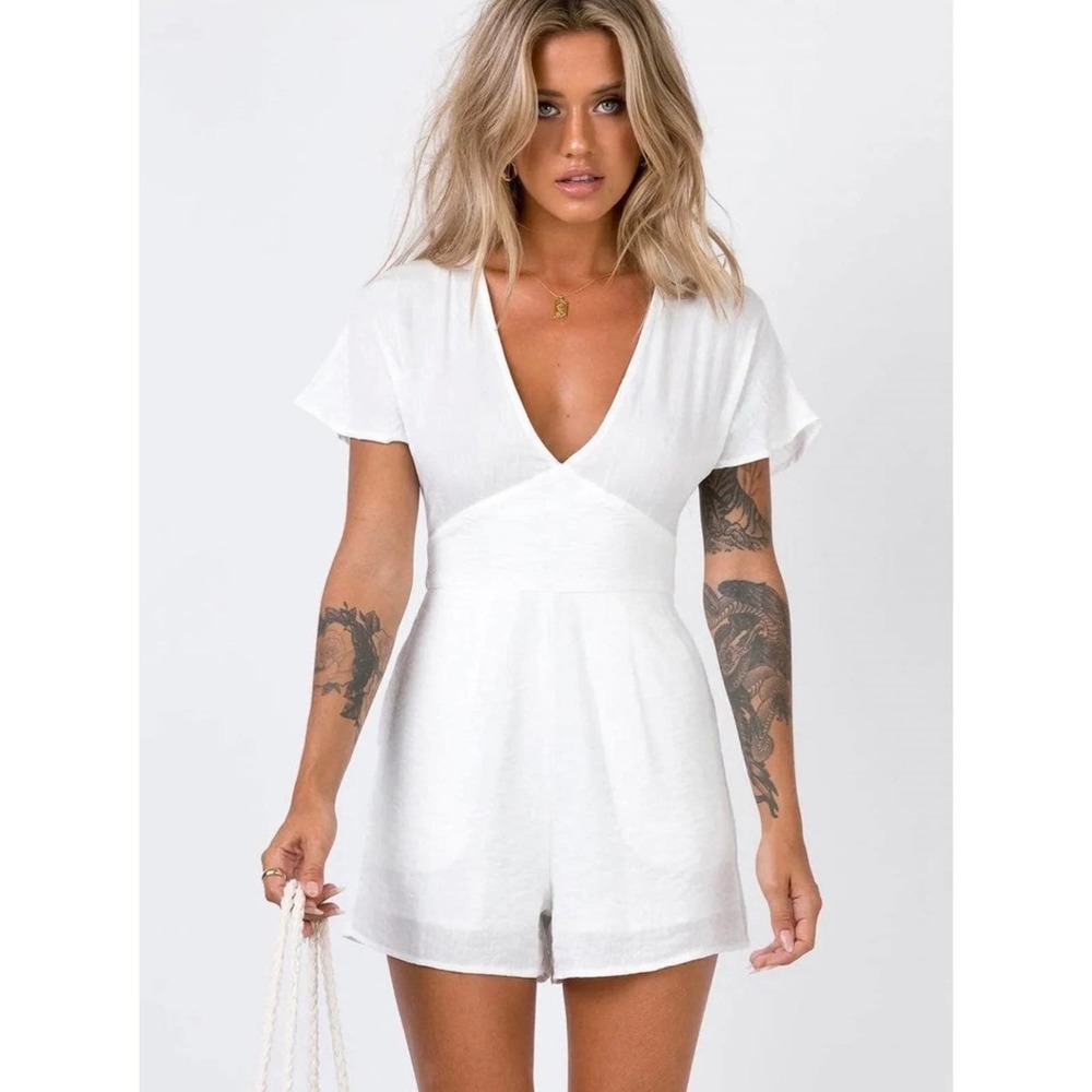 PRINCESS POLLY davis white v-neck short sleeve romper 4